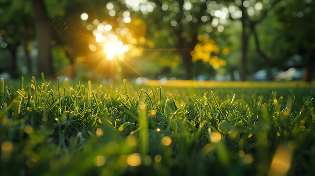 in the evening, close to the lawn parallel to the ground perspective