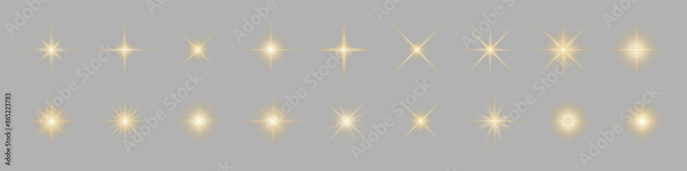 Poster Set of Glittering vector particles on transparent background. Golden sparkling lights. Christmas Holiday glow particle. Magic star effect. Star dust sparkling particles.