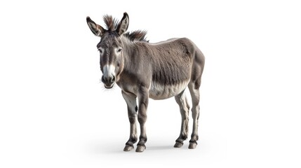 Funny gray donkey standing alone on white background looking at the camera