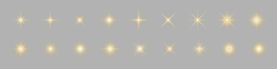 Set of Glittering vector particles on transparent background. Golden sparkling lights. Christmas Holiday glow particle. Magic star effect. Star dust sparkling particles.