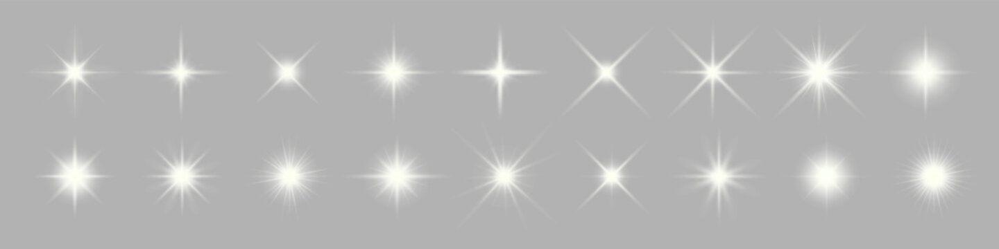 Set of sparkling stars on transparent background. Glow effect. Christmas concept. Festive lights. Vector EPS 10 and PNG