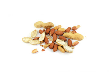 Raw peanuts top view isolated on white background (shelled, husk, whole, halves) 