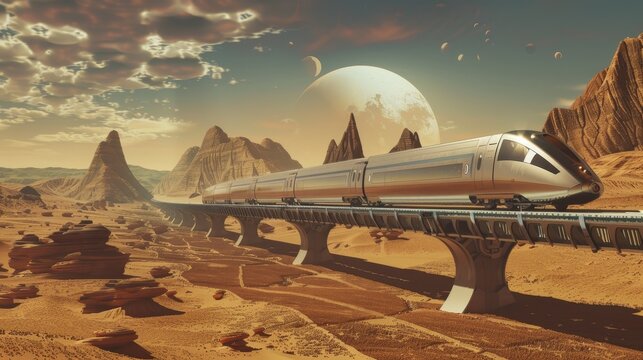 High-speed magnetic levitation train in Martian landscape.