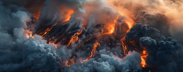 Turbulent Erupting Volcano Spewing Fiery Lava Flow and Billowing Smoke