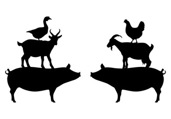 Pig, goat and bird. Chicken and goose