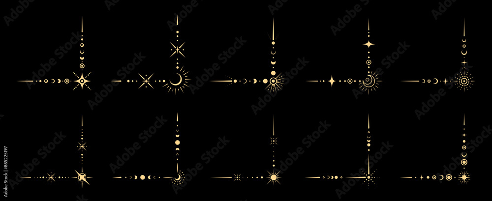 Wall mural magic border corners and golden shine frames for astrology and tarot, vector elements. esoteric magi