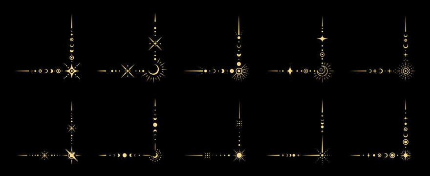 Magic border corners and golden shine frames for astrology and Tarot, vector elements. Esoteric magic corners of sacred geometry symbols with gold star sparkles and celestial mystic occult ornaments