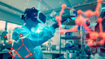 Scientist in VR headset conducting experiment in virtual lab, manipulating molecular structures