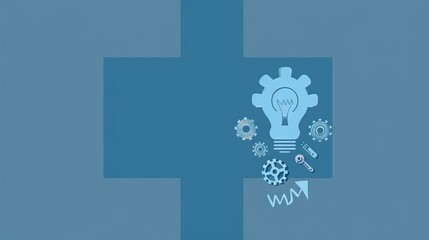 Obraz premium Graphic design with central light bulb symbol, surrounded by gears and arrows for strategies and improvement. Blue color palette, clean and professional look.
