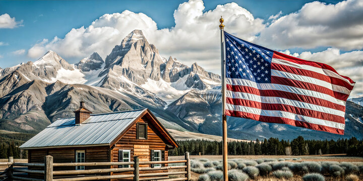 American flag near rustic cabin and mountains