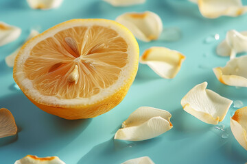 Fresh Lemon Slice with White Petals on Light Blue Background