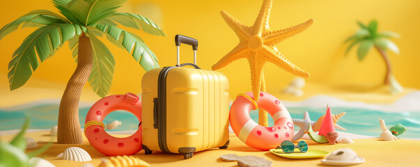 A cute cartoon beach scene showing a summer trip with suitcases, palm trees and floats, creating a vacation and adventure atmosphere. Can be used as a poster or social media post.