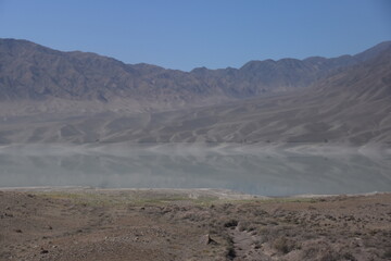 Stunning desert lake in the dry mountain landscape of Kazakhstan, Central Asia