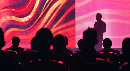 Silhouette of a speaker addressing a conference.