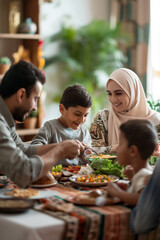 Naklejka premium Happy Family Enjoying a Meal Together in a Warm and Welcoming Home Environment