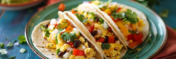 A colorful plate of superfood breakfast tacos made with scrambled eggs bell peppers black beans and a drizzle of avocado oil for a healthy start to the day.