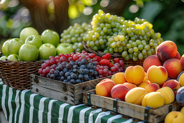 A colorful outdoor fruit display with green apples, grapes, peaches, strawberries, and various berries in wicker baskets and wooden crates on a striped tablecloth