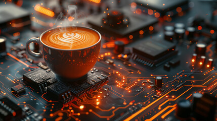 A close-up of a steaming cup of latte with leaf design in the foam resting on a saucer atop a computer motherboard and glowing button.