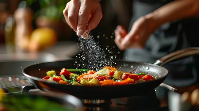A chefs hands sprinkling a pinch of sea salt over a sizzling pan of saut ed vegetables cooked in avocado oil.