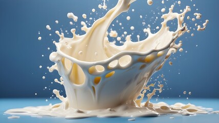 Wide commercial banner design with splattered milk splash and white liquid flow for full, skimmed-fat, low-fat dairy products on a blue, clean, isolated background.