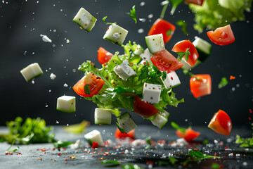 Fresh Greek Salad Ingredients Floating Against Dark Background