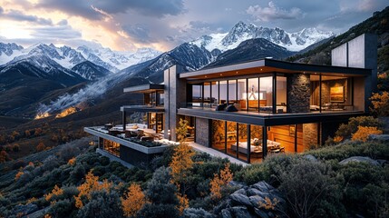 a house on a mountain with mountains in the background