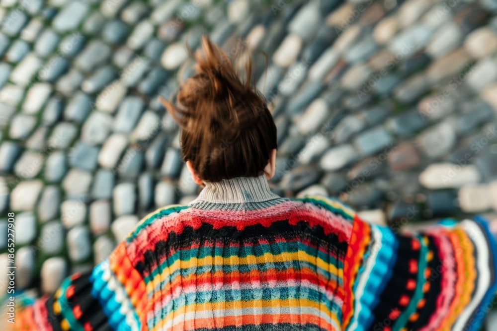 Poster vibrant abstract portrait of an unidentifiable person in multicolored sweater, blurred urban backgro