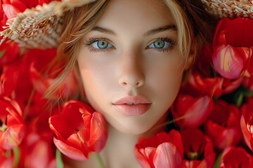 Naklejka premium Close-up portrait of a pretty girl in tulips.