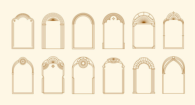 Naklejki Art deco arch frames with vector borders of gold line geometric pattern. Luxury golden arches with elegant ornaments of geometric shapes, stars, eye and sun. Vintage art deco frame borders set