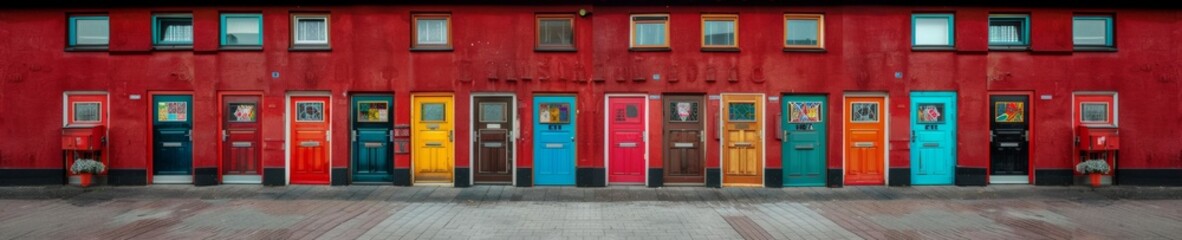 Fototapeta premium Vibrant Door Symbolizing Individuality Among Identical City Street Doors, Echoing Self-Expression and Uniqueness