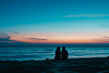 Silhouette of Couple Sitting on Beach at Sunset with Vibrant Sky and Calm Sea