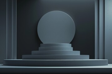 Obraz premium Minimalist 3D rendering of a dark grey cylindrical podium on a tiered platform, perfect for product display and branding. Concept of luxury, elegance, and sophistication.