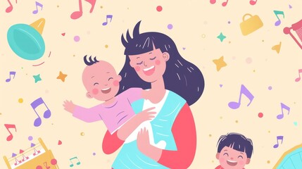 Obraz premium Cheerful children's music video thumbnail: Happy mother with smiling baby in colorful clothes, engaging in rhythmic activities against playful background with musical elements.
