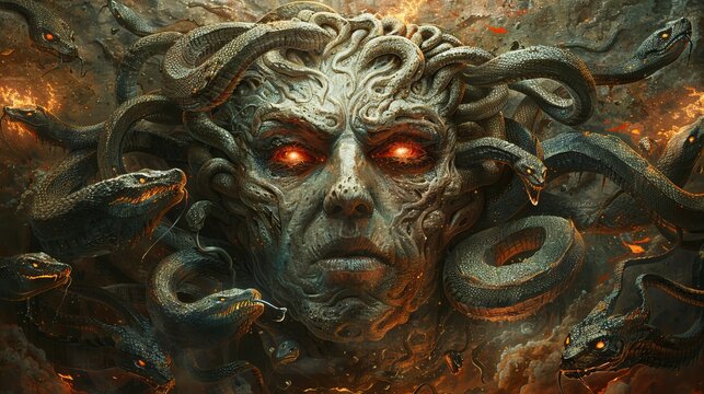 Greek artifact, multi-faced Typhon mask with male human face, burning red eyes, surrounded by snake heads.