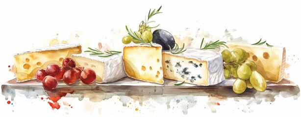 A watercolor rendering of a gourmet cheese platter background.