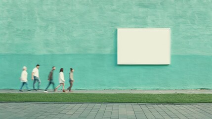 Surreal Urban Scene with Pastel Blue Wall and Blank Poster Mockup with Blurred Motion of Passersby in Daylight