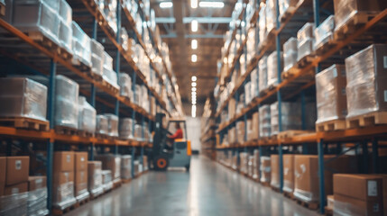 Retail warehouse full of shelves with goods in cartons, with pallets and forklifts. Logistics and transportation blurred background. Product distribution center