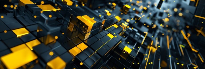 Futuristic digital background featuring black cubes with yellow highlights and glowing dots. The intricate geometric pattern creates a dynamic, high-tech aesthetic