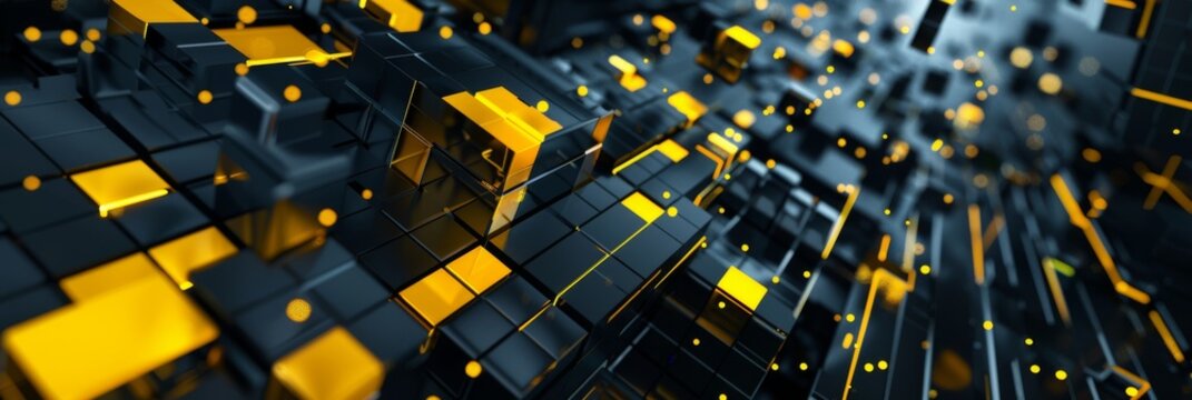 Futuristic digital background featuring black cubes with yellow highlights and glowing dots. The intricate geometric pattern creates a dynamic, high-tech aesthetic