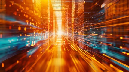 A high-speed futuristic corridor illuminated by vibrant orange and blue light trails. The dynamic scene creates a sense of motion and advanced technology