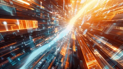 A dynamic futuristic data stream with vibrant orange and blue light streaks. The high-speed visual effect creates a sense of motion and advanced technology