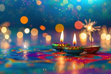 Diwali day festival, Diwali lanterns background with candles and blurred lights.