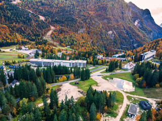 Magical colors of autumn in Sella Nevea. At the foot of Mount Canin and Mount Montasio. Julian Alps