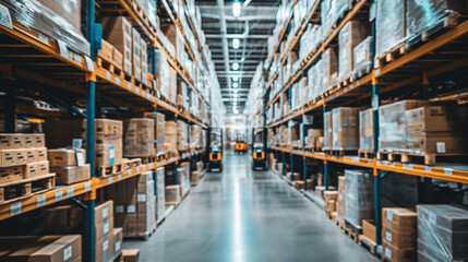 Fototapeta premium Retail warehouse full of shelves with goods in cartons, with pallets and forklifts. Logistics and transportation blurred background. Product distribution center