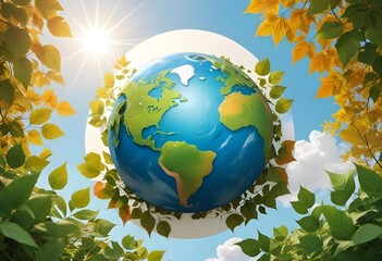 Naklejka premium A colorful illustration depicting the Earth surrounded by leaves , with a bright sun shining in the sky and clouds in the background. Illustation of World Ozone Day