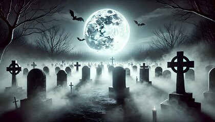A realistic cemetery covered in thin mist, with graves and bats under moonlight creating an eerie, frightening atmosphere.