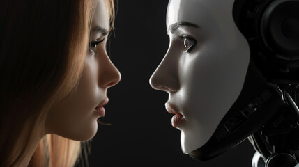 Fototapeta premium Woman opposite AI. The concept of confrontation between humanity and artificial intelligence