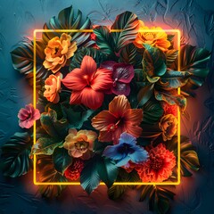 Vibrant tropical flowers and lush leaves illuminated by neon lights in a modern artistic composition.
