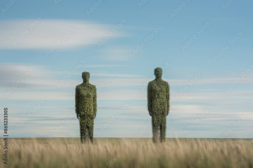 Poster Surreal Symmetrical Image of Blurry Topiary Figures in Grassy Field with Blue Sky and Pastel Tone Clouds