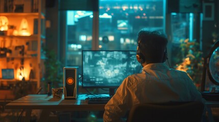 A man is sitting at a computer desk with a headset on his ears. A programmer or entrepreneur at his workplace or home office with online business. In the background is a view of the city.